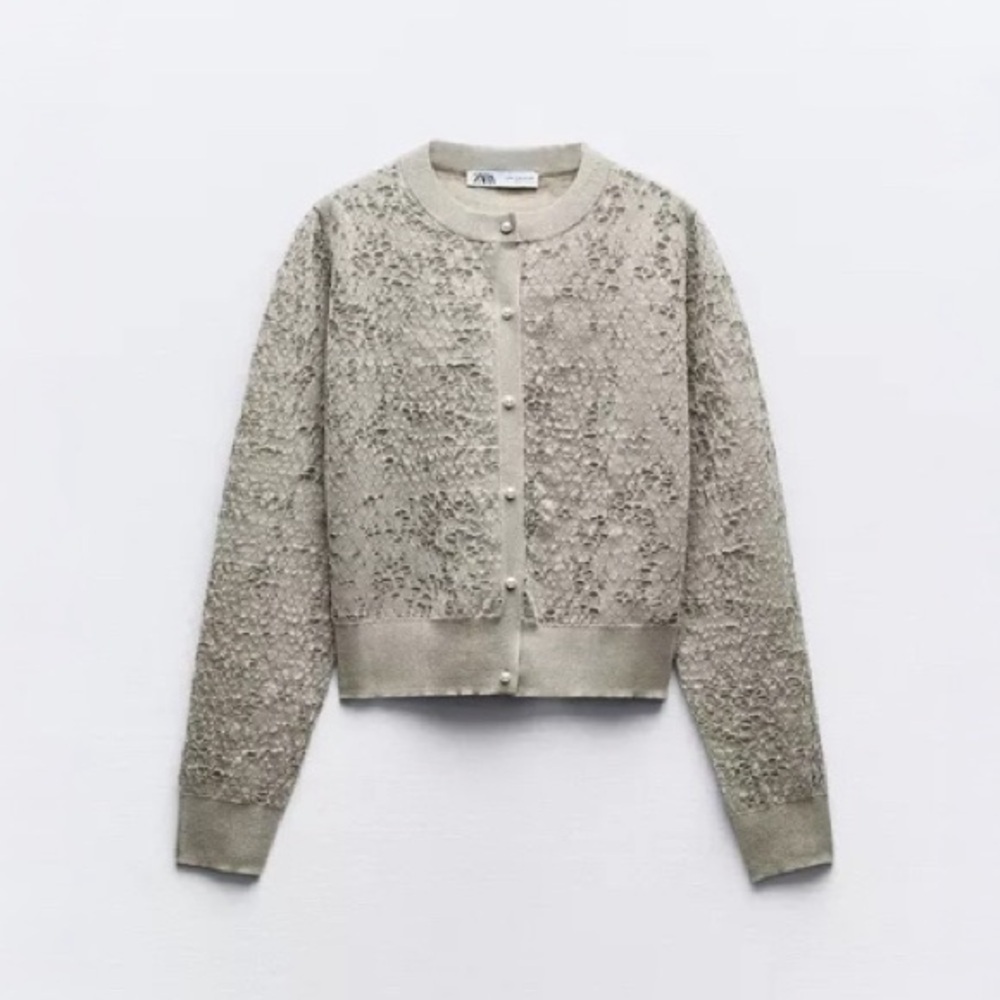 Zara JACQUARD KNIT CARDIGAN WITH METALLIC THREAD Size Large